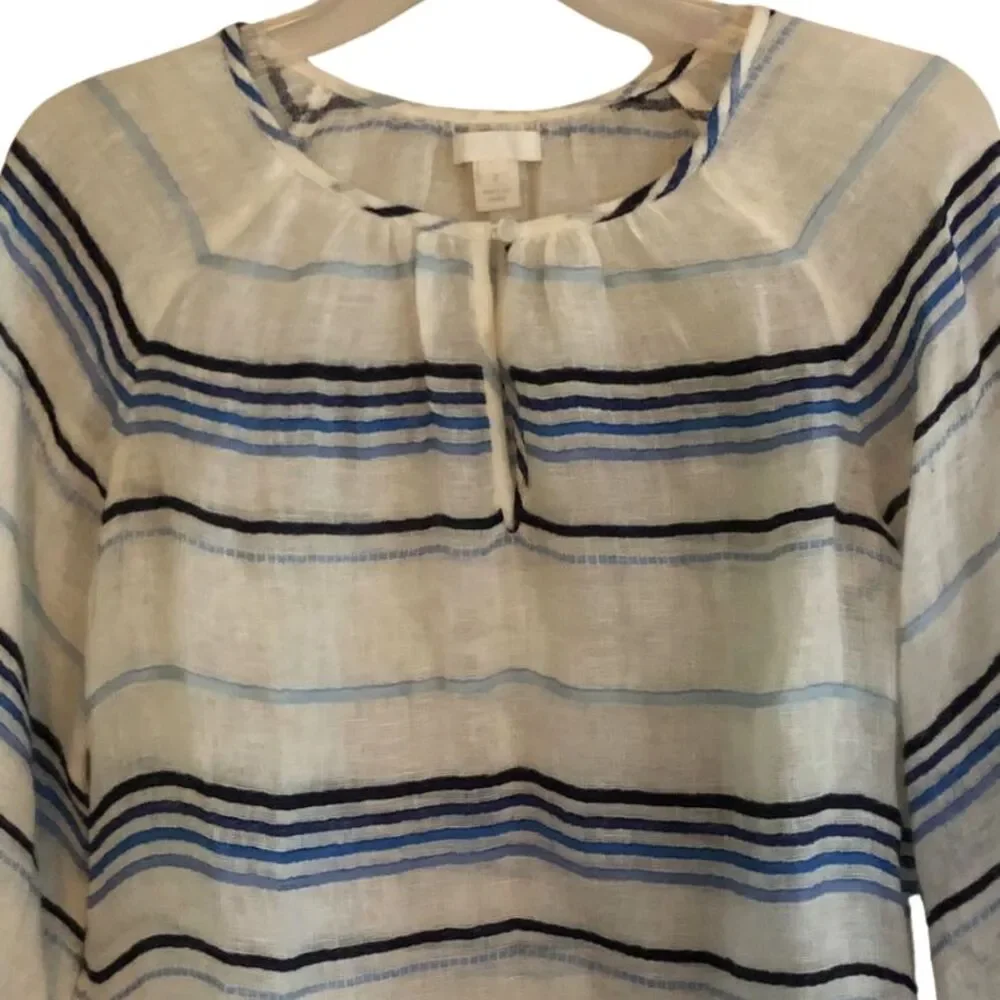 J Crew 100% Linen Peasant Blouse Womens Sz S Sheer Indigo Striped Coastal Beach